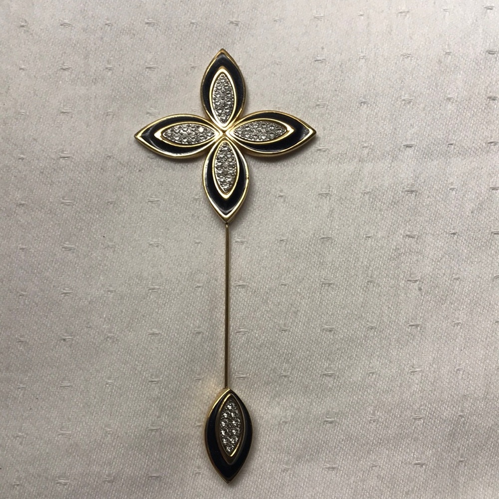 Vintage Monet Gold Tone Flower Stick Pin with Black Enamel and Rhinestones